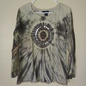 WILLI SMITH Tie-Dye Long Sleeve Top with Beaded/Button Detail Women's L